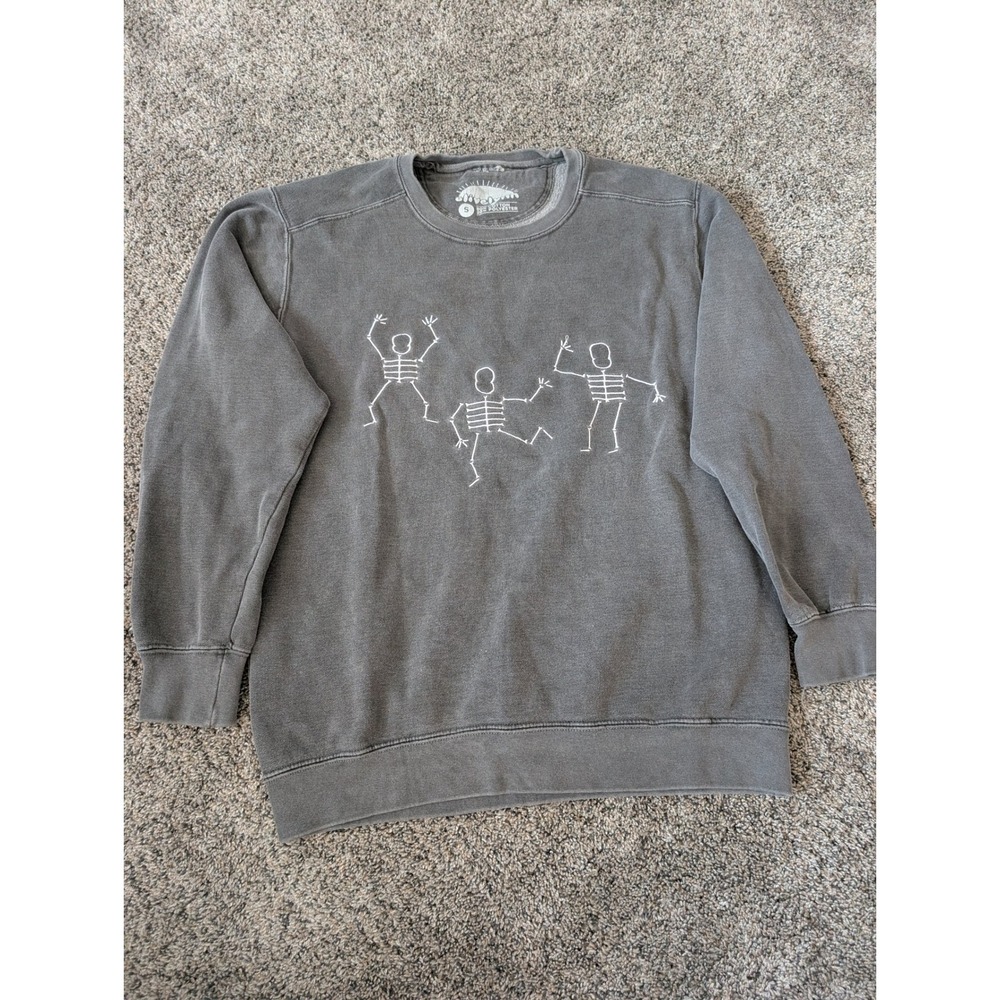 Olivelynn Dancing Skeleton Embroidered Sweatshirt Gray Washed Crewneck‎ Small